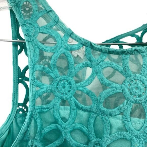 Mud Pie Crochet Eyelet Daisy Sleeveless Teal Shift Dress - Picture 6 of 13